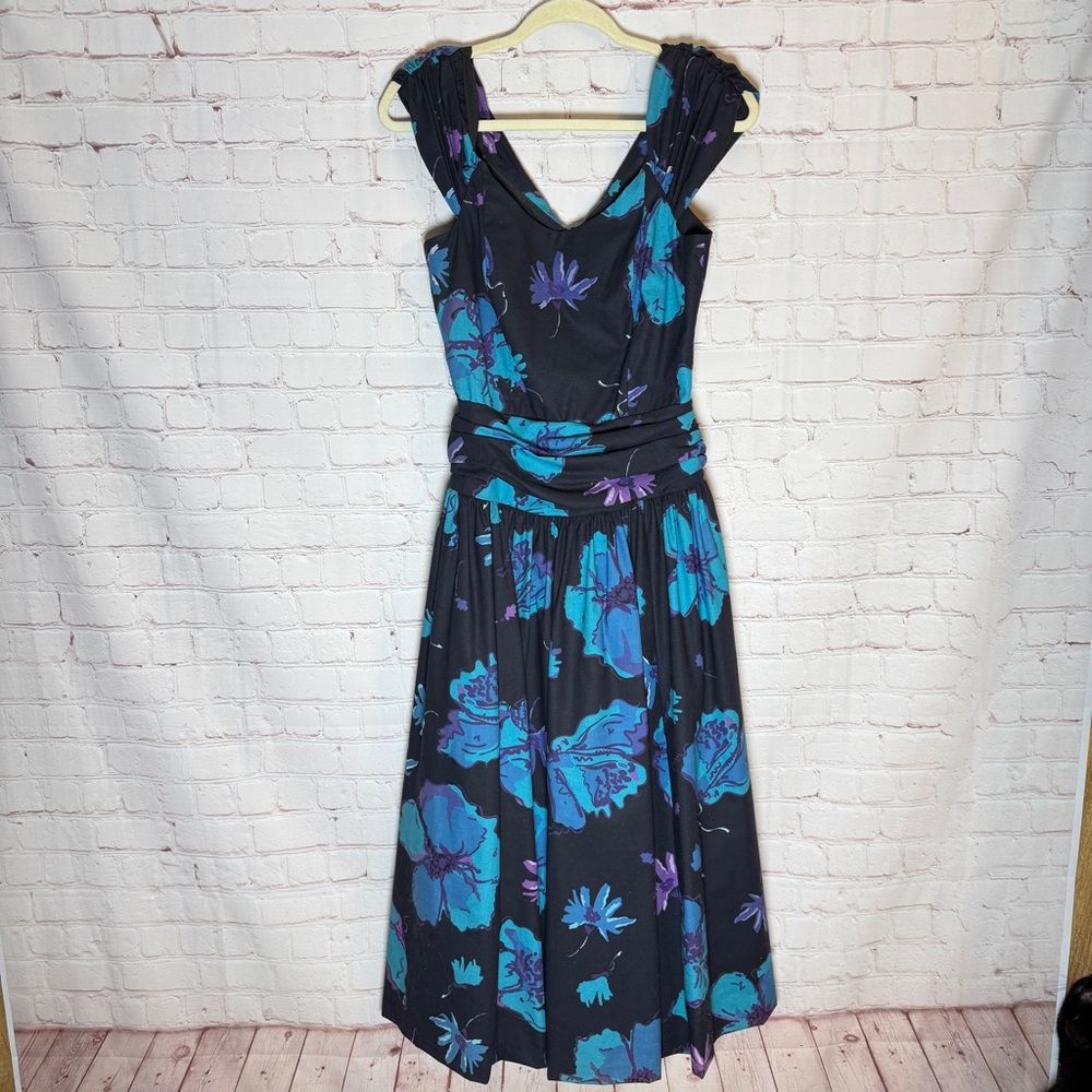 Laura Ashley Black Midi Dress with Teal and Purple Floral Print Vintage Size 10